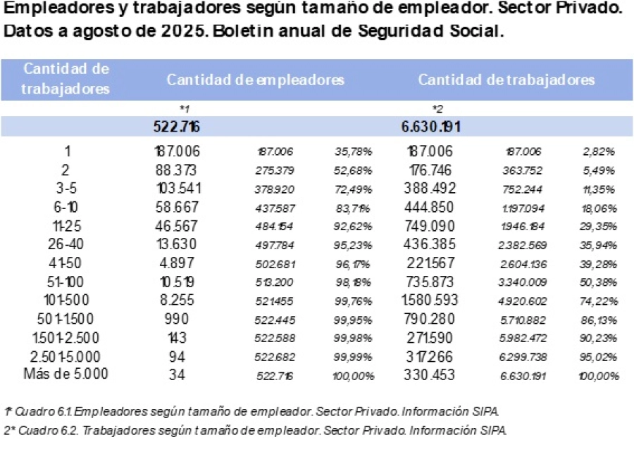 Empleadores y trabajadores seg&uacute;n tama&ntilde;o del empleador. 
Sector privado. Agosto 2025.
