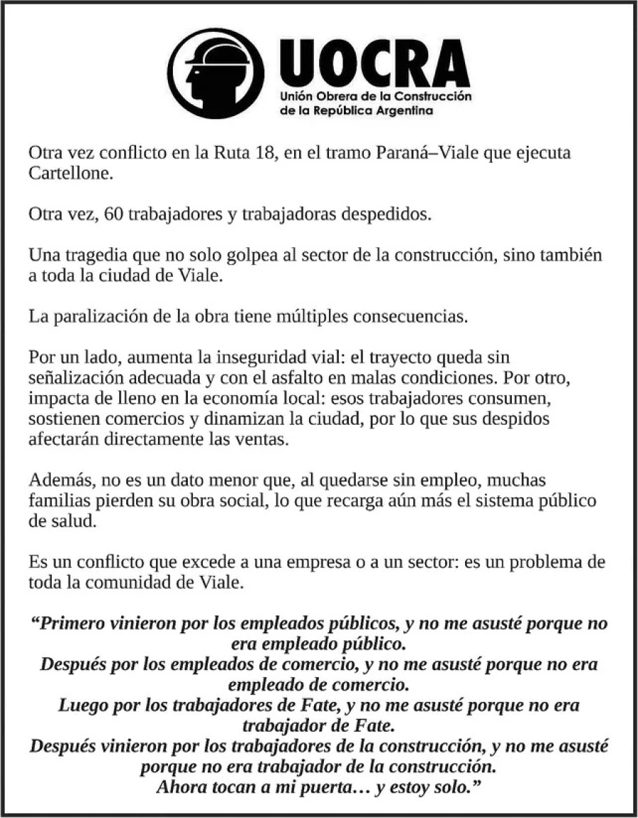 Comunicado de Uocra ante los recientes despidos.