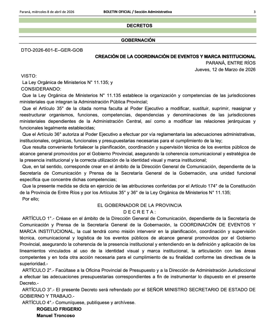 Decreto 601/2026 Gobierno de Entre R&iacute;os