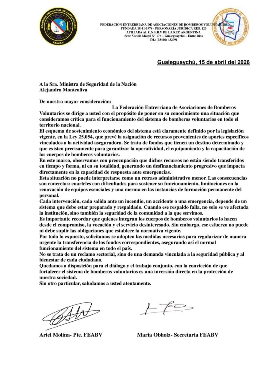 Nota presentada por la FEABV al Ministerio de Seguridad.