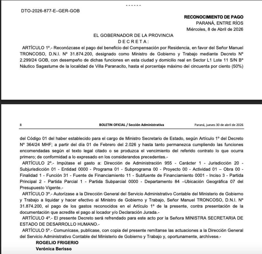 Decreto 877/2026 del gobernador Rogelio Frigerio que reconoce &ldquo;el pago del beneficio de Compensaci&oacute;n por Residencia&rdquo; en favor del ministro Manuel Troncoso.
