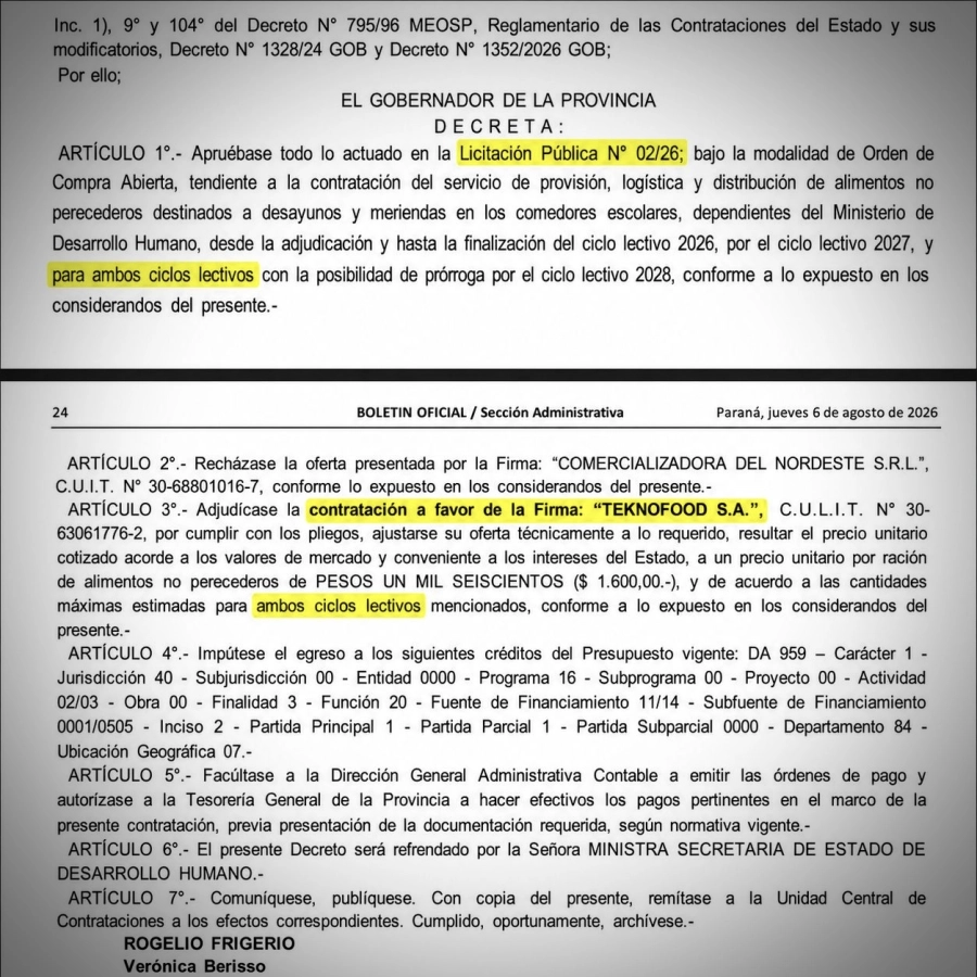 Fragmento del Decreto que aprueba la contrataci&oacute;n de la empresa Teknofood S.A.