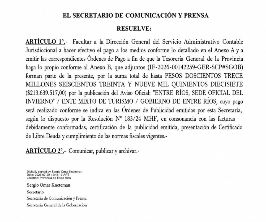 Parte resolutiva de la norma que ordena el pago a los medios contratados.