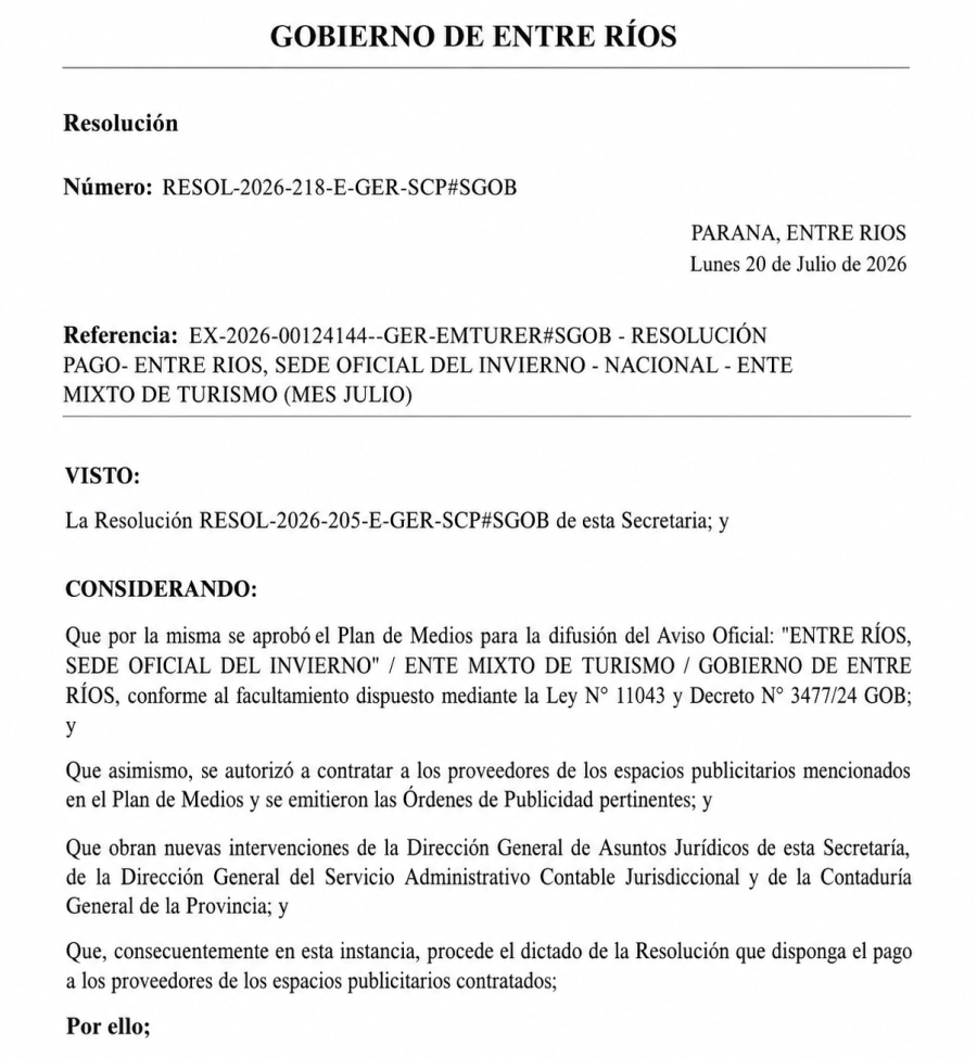 Considerandos de la Resoluci&oacute;n 218/2026 que aprueba el plan de medios para la difusi&oacute;n oficial de la campa&ntilde;a tur&iacute;stica invernal de la provincia.