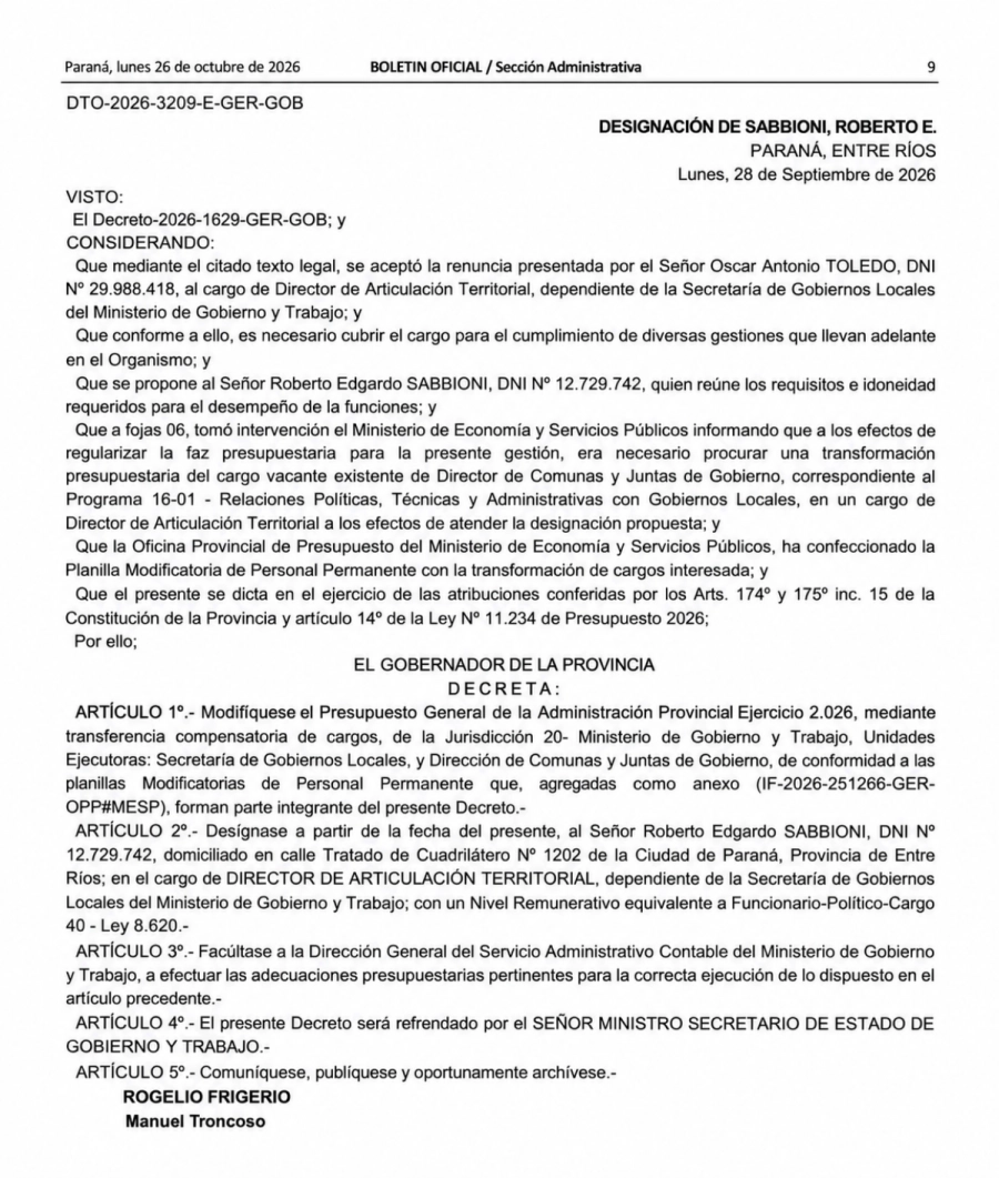 Decreto de designaci&oacute;n de Roberto Sabbioni publicado en el Bolet&iacute;n Oficial